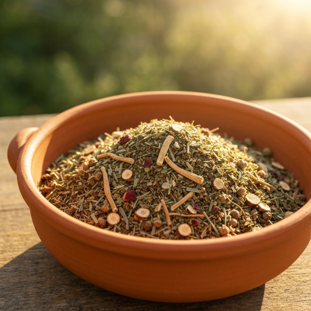 Traditional Mediterranean herbal blending scene